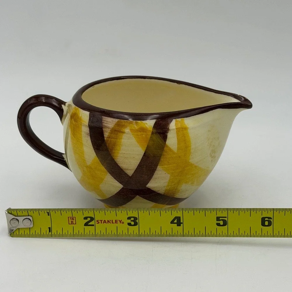 Vtg MCM 50s Vernonware Organdie HandPainted Creamer Pitcher Yellow Brown Gingham